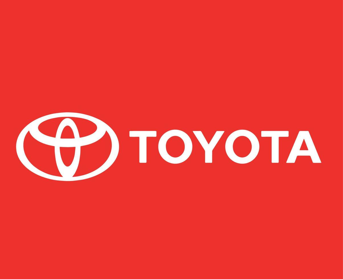 Toyota logotyp varumärke bil symbol med namn vit design japan bil vektor illustration med röd bakgrund