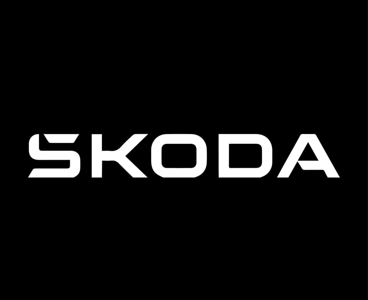 skoda varumärke logotyp symbol namn vit design tjeck bil bil vektor illustration med svart bakgrund