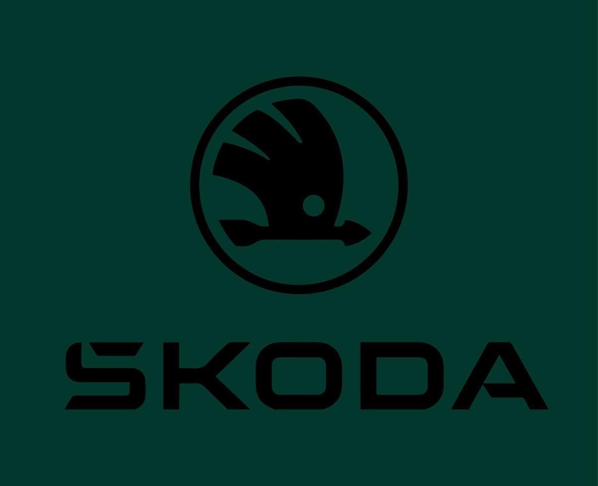 skoda varumärke logotyp symbol med namn svart design tjeck bil bil vektor illustration med grön bakgrund
