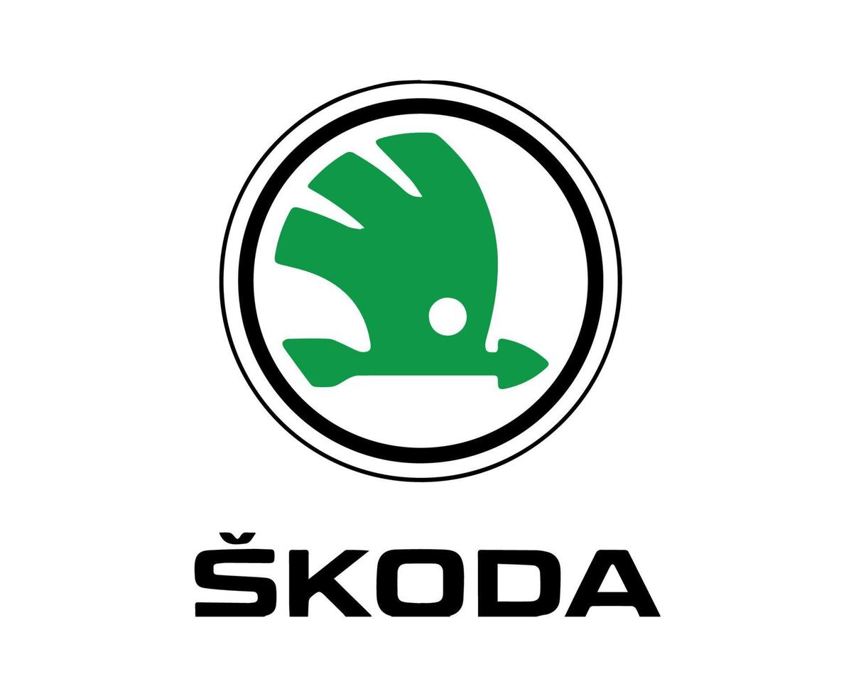 Skoda Marke Logo Auto Symbol mit Name Grün und schwarz Design Tschechisch Automobil Vektor Illustration