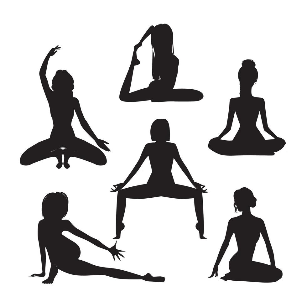 vektor grafik uppsättning av annorlunda vektor svart silhuetter av yoga flickor i annorlunda asana poser