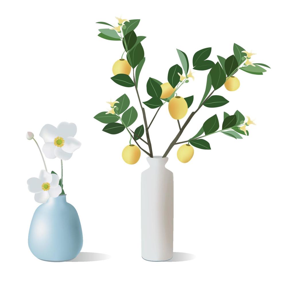 zwei Illustration von Blumen im ein Vase und Geäst mit Zitronen vektor