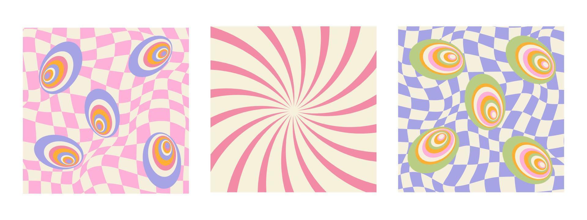 1970-talet retro mönster häftig trippy med psychedelic cirklar. trippy rutnät, vågig virvla runt mönster. sjuttiotalet stil, tre isolerat abstrakt bakgrunder. hippie estetisk. vektor illustration
