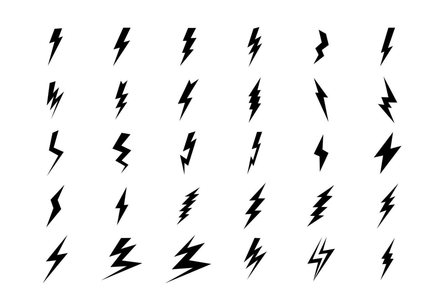einstellen von 30 Blitz eben Symbole. Blitzschläge Symbole isoliert auf Weiß Hintergrund. Blitz Linie Vektor Illustration