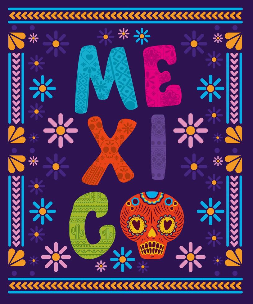 Mexiko Schriftzug mit Schädel mit buntem Rahmen vektor