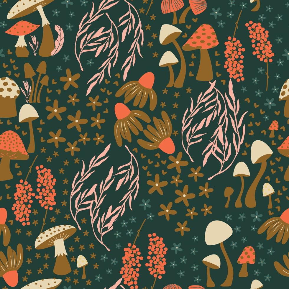 Pilz und Blume nahtlos Muster mit schön Blumen, Blätter und Knospen. schön Wald Garten im Natur. bunt Vektor Illustration.