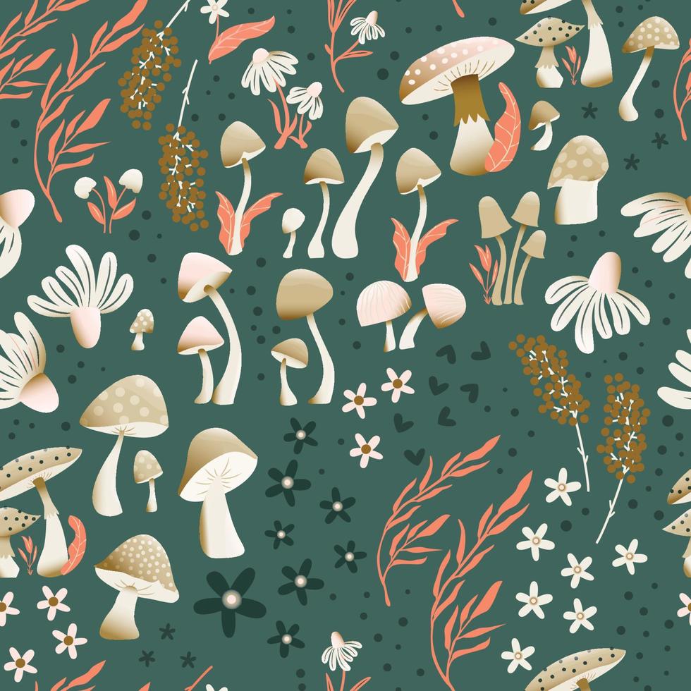 Pilz und Blume nahtlos Muster mit schön Blumen, Blätter und Knospen. schön Wald Garten im Natur. bunt Vektor Illustration.