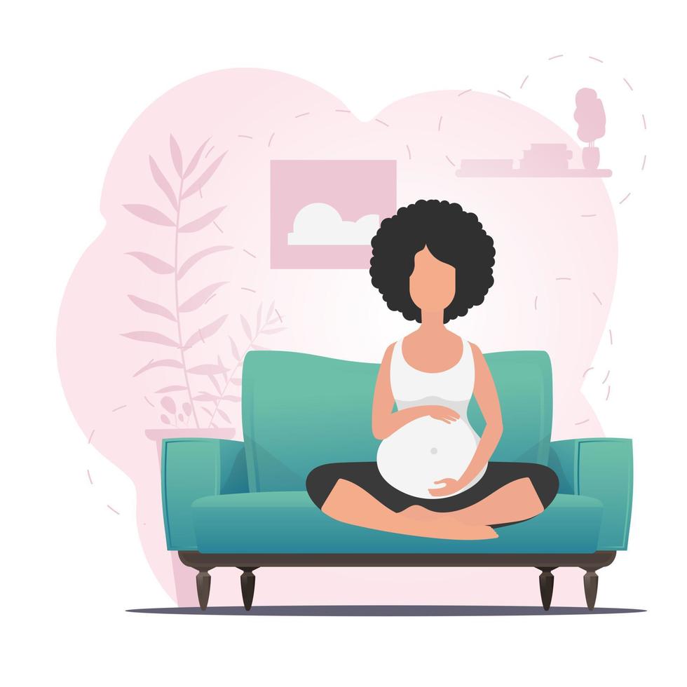 schwanger Frau im das Lotus Position. schwanger Frau üben Yoga. Karikatur Stil. vektor