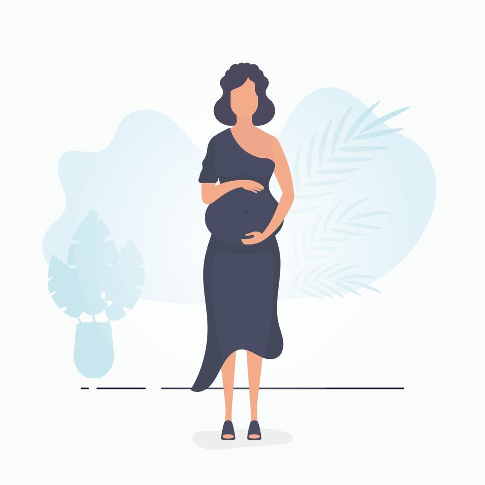 gravid flicka i full tillväxt. väl byggd gravid kvinna karaktär. baner i blå toner för du. platt vektor illustration.