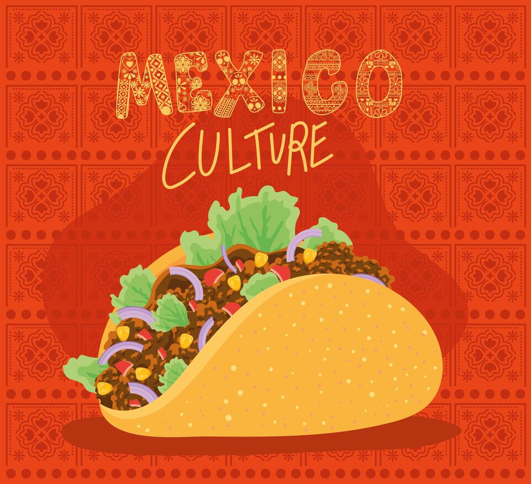 Mexiko-Kulturbeschriftung mit Taco-Vektorentwurf vektor