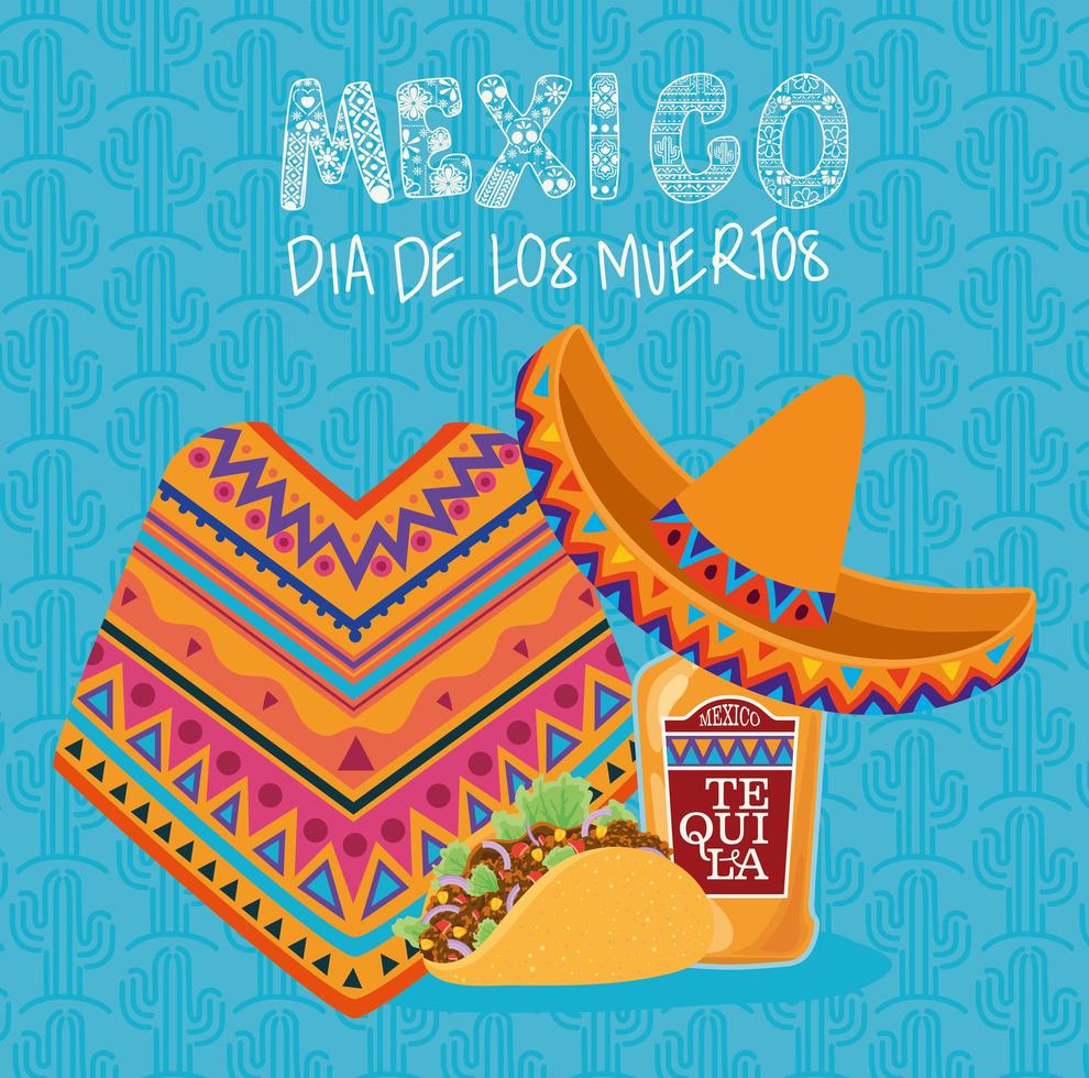 Poncho, Sombrero-Hut, Tequila und Taco für die Feier des Dia de los Muertos vektor