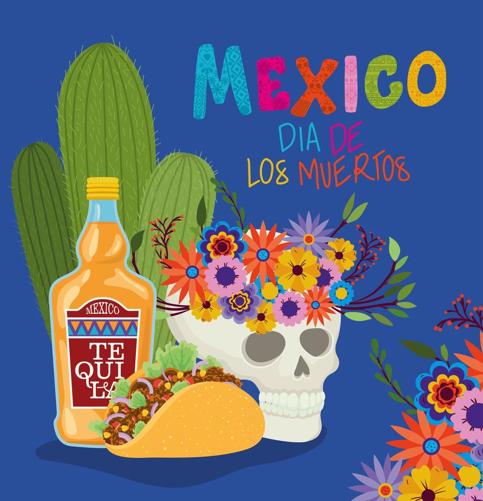 skalle, tequila och taco för firandet av dia de los muertos vektor