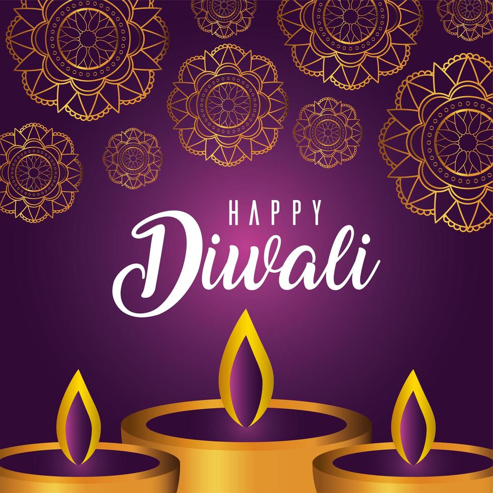 glückliche Diwali-Kerzen auf einem Mandala-Hintergrund vektor