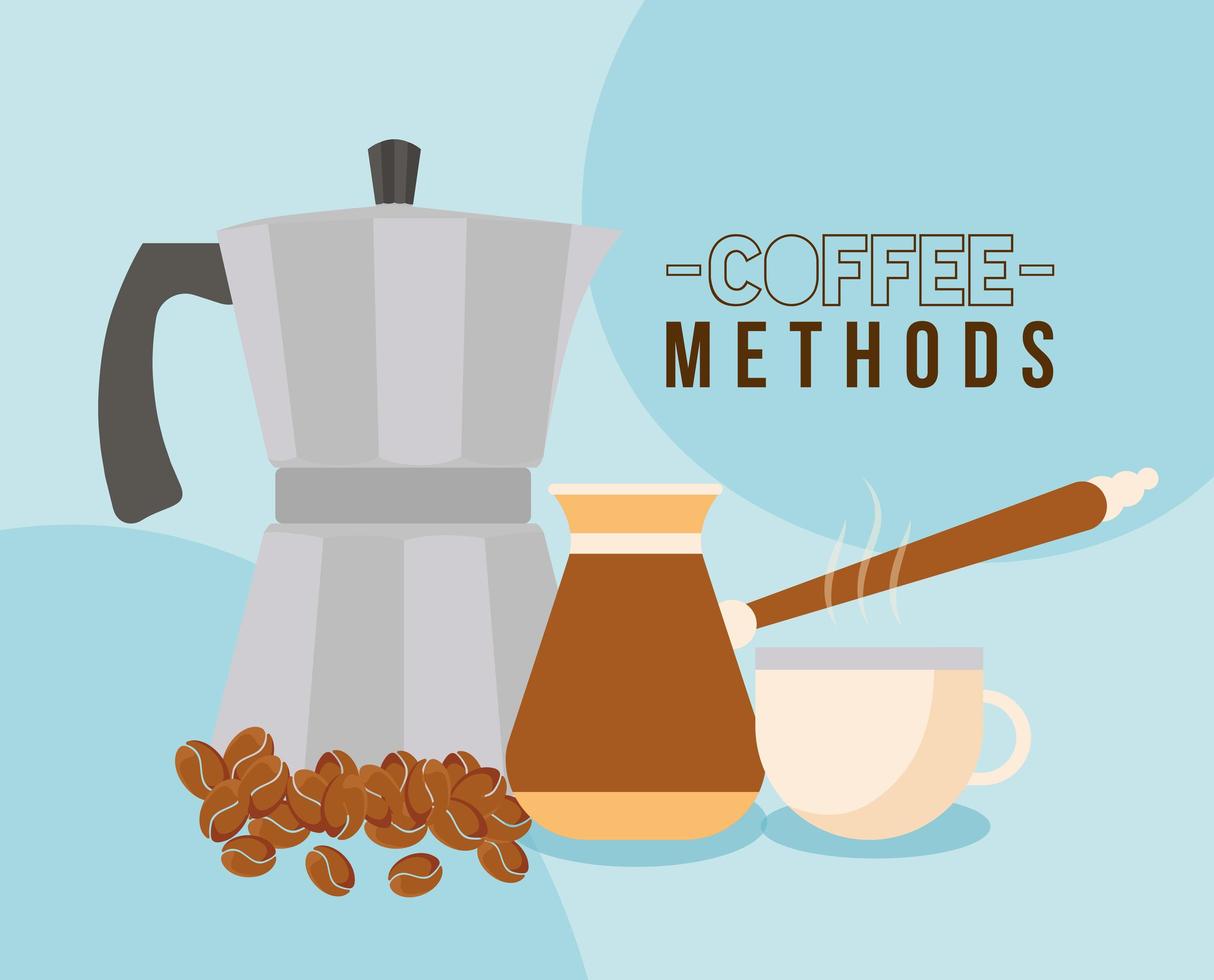 kaffemetoder med turkisk kruka, kopp, vattenkokare och bönor vektordesign vektor