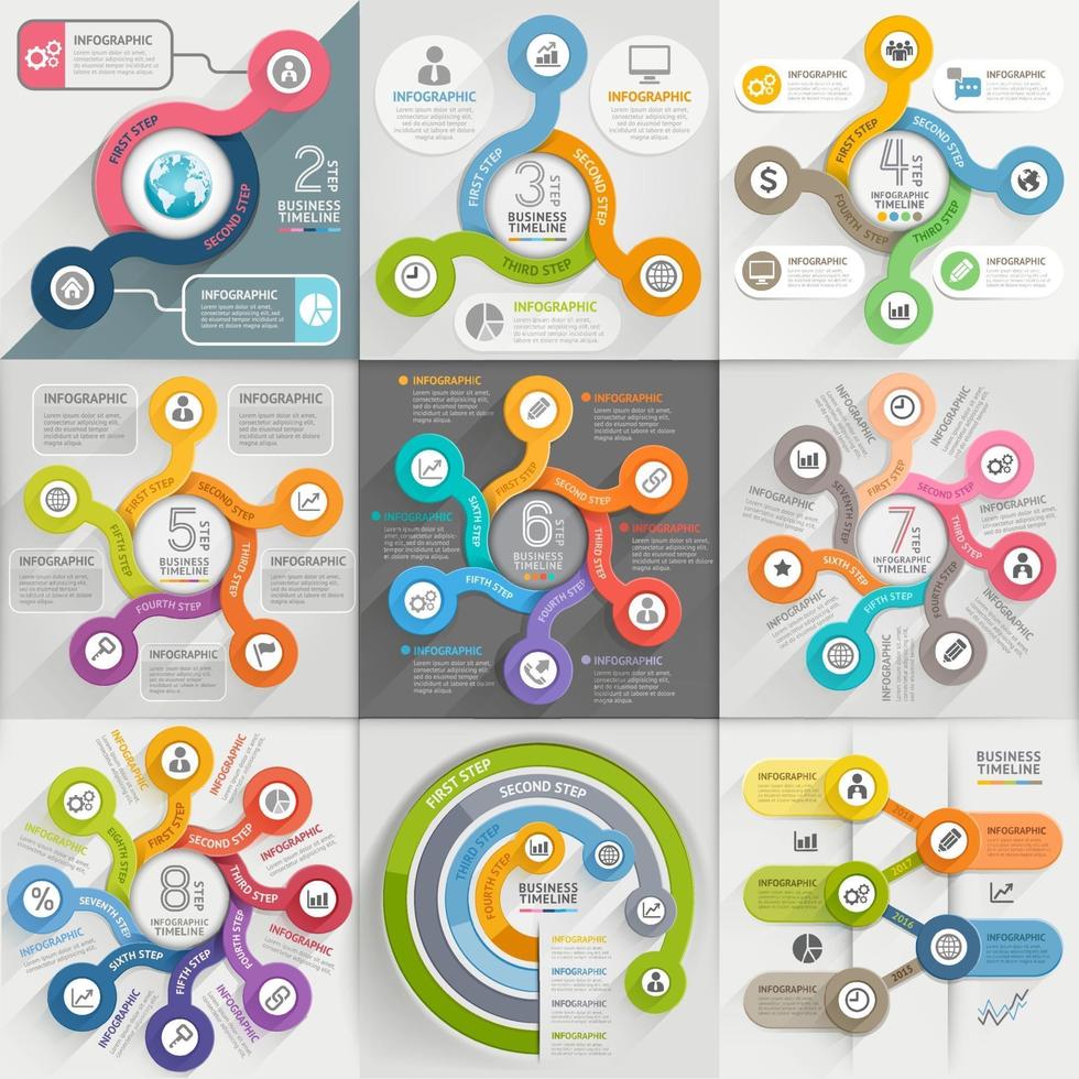 Infografik-Vorlagensatz. Vektorillustration. Kann für Workflow-Layout, Banner, Diagramm, Nummernoptionen, Webdesign und Timeline-Elemente verwendet werden vektor