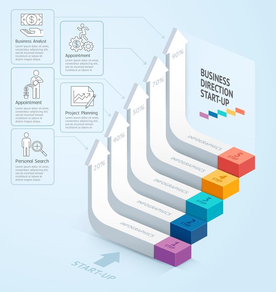 Start der Geschäftstreppenrichtung. Vektorillustration. Kann für Workflow-Layout, Banner, Nummernoptionen, Step-up-Optionen, Webdesign, Infografiken, Zeitleiste und Diagrammvorlage verwendet werden. vektor