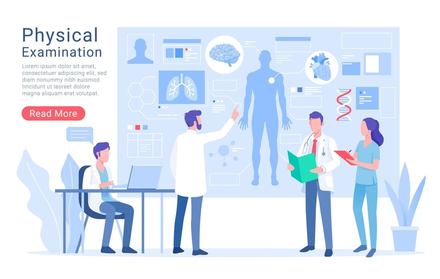 physikalische Systemuntersuchung und Behandlungsvektorillustration. vektor