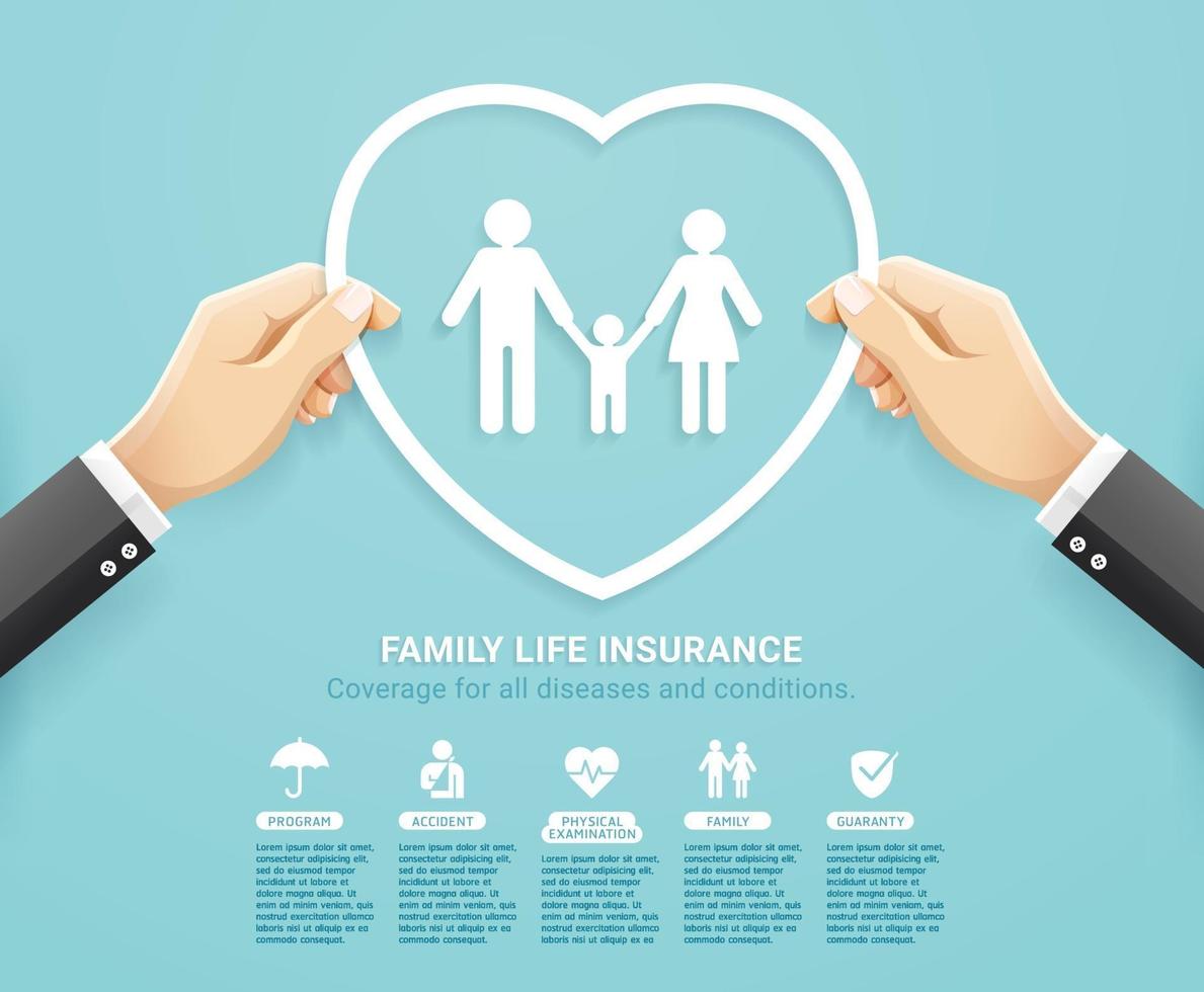 försäkringstjänster konceptuell design. hand som håller hjärtform för att skydda familjens pappersskuren stil. vektor illustrationer.