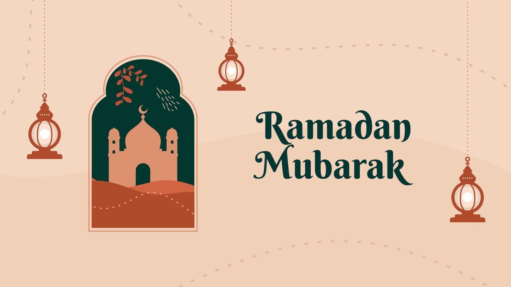 ramadan mubarak baner bakgrund med fönster, moské och lyktor. vektor