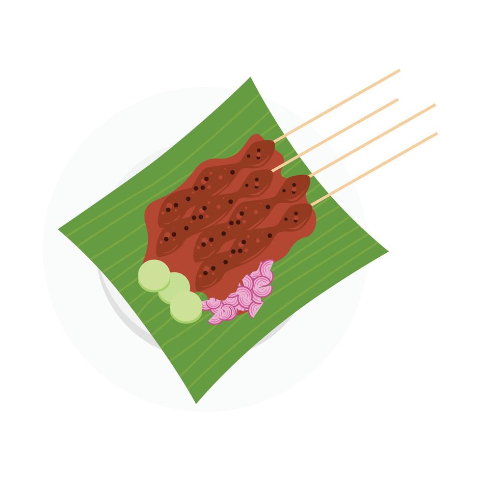 illustration av sate madura, typisk grillspett från Indonesien. sate madura tillverkad från grillad kyckling eller get kött, ljuv jordnöt sås, skivor av schalottenlök, och ris kakor. indonesiska mat. vektor