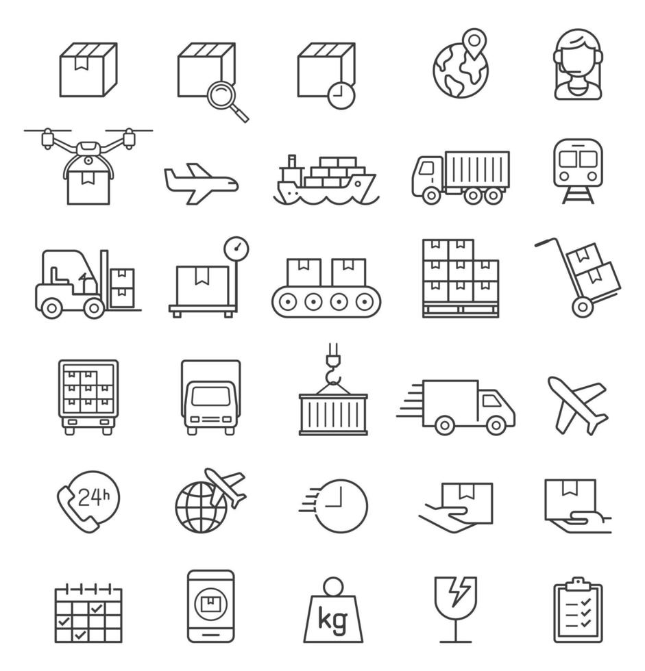 Logistik Frachtlieferlinie Symbole gesetzt. Vektorabbildungen. vektor