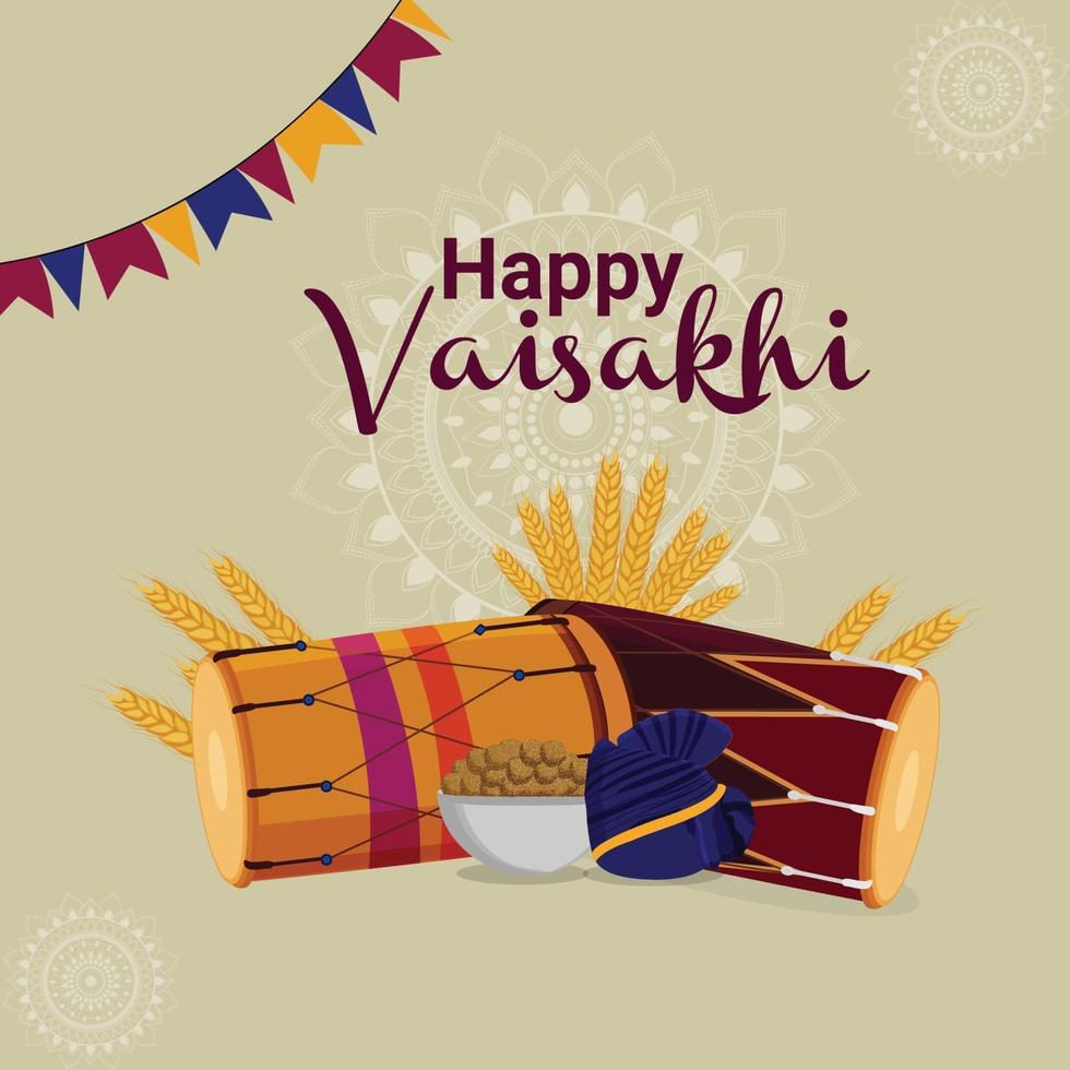 Happy Vaisakhi Feier flaches Design mit Trommel vektor