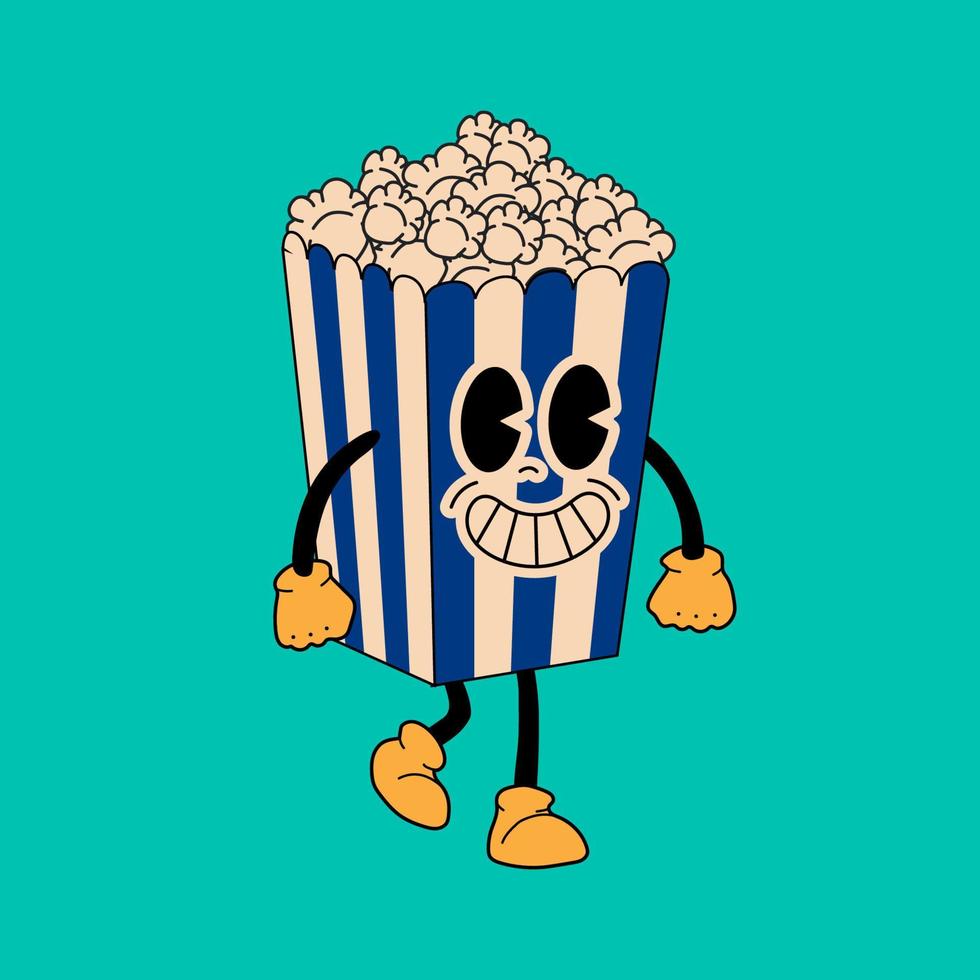 retro popcorn maskot. söt karaktär i trendig retro 60s 70s tecknad serie stil. vektor hand dragen illustration