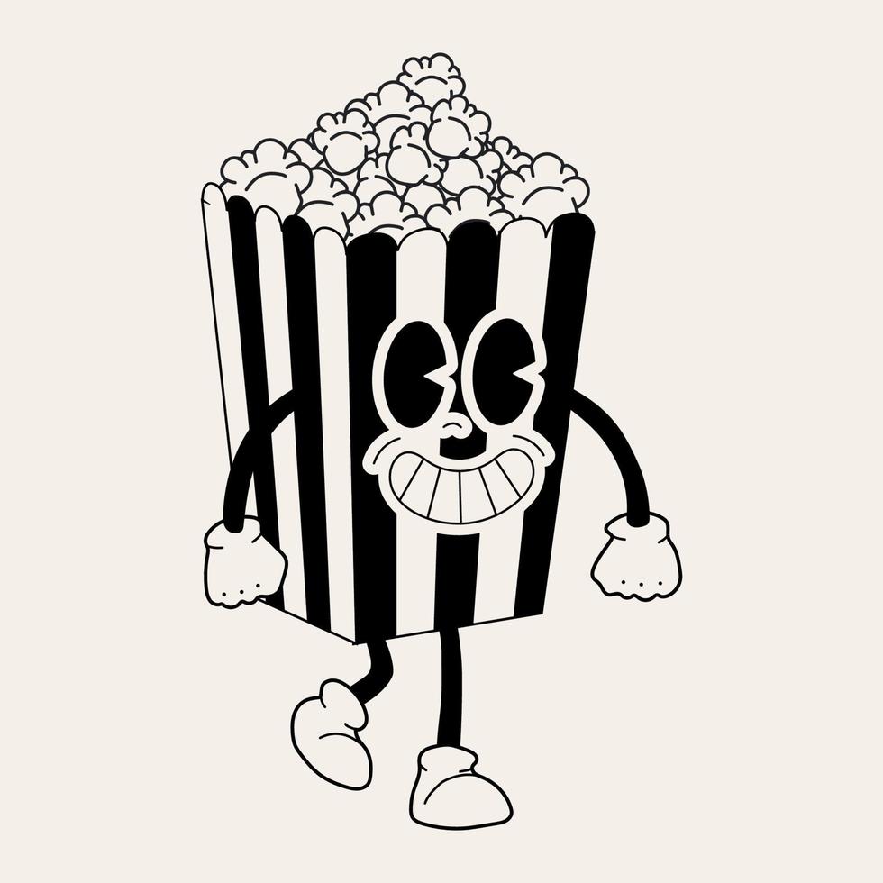 retro popcorn maskot. söt karaktär i trendig retro 60s 70s tecknad serie stil. vektor hand dragen illustration