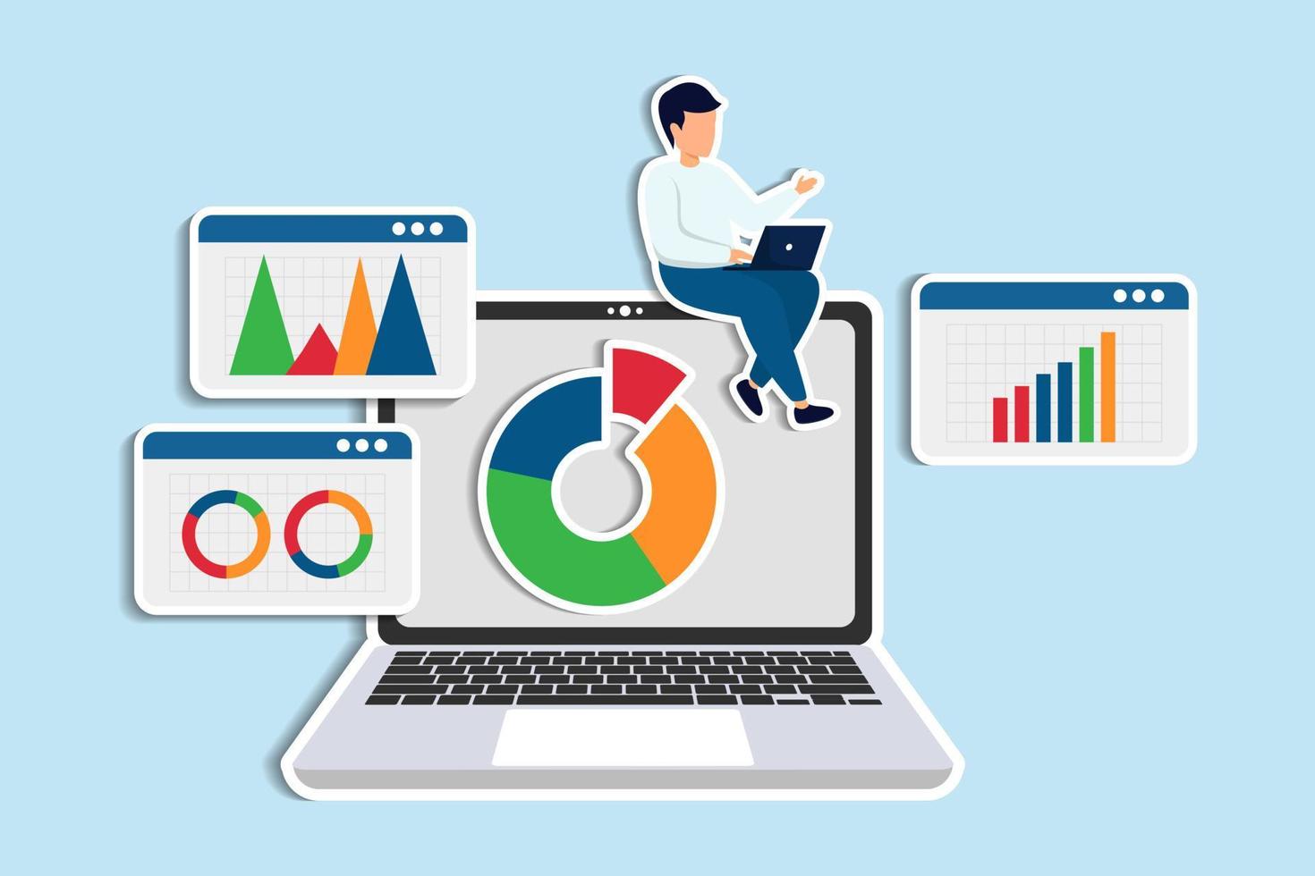 Forschung Daten Analyse, Geschäft Daten oder finanziell Bericht, SEO Analytik oder profitieren und verdienen Konzept, Geschäftsmann Analytiker mit Laptop analysieren Daten auf Computer Laptop Instrumententafel vektor