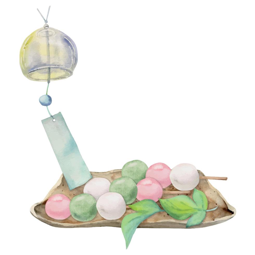 vattenfärg hand dragen traditionell japansk sötsaker. sommar tre Färg dango, löv, vind klämta. isolerat på vit bakgrund. design för inbjudningar, restaurang meny, hälsning kort, skriva ut, textil- vektor