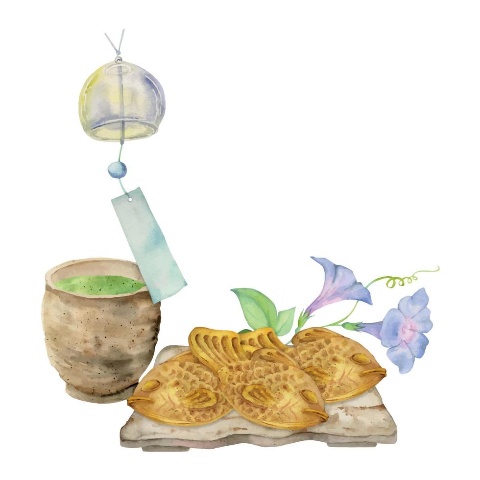 Aquarell Hand gezeichnet traditionell japanisch Süßigkeiten. Keramik Gericht, Taiyaki, Sommer- Blumen und Windspiel. isoliert auf Weiß Hintergrund. zum Einladungen, Restaurant Speisekarte, Gruß Karten, drucken, Textil- vektor