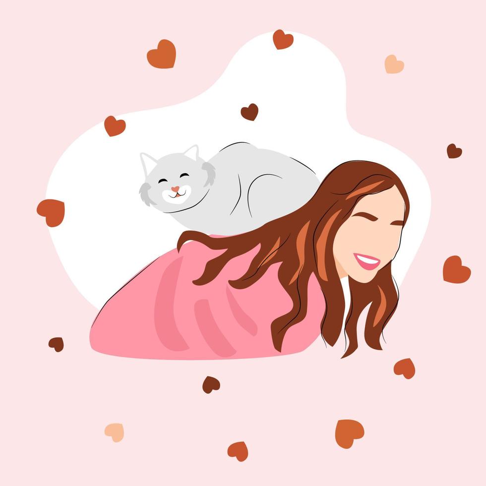 Vektor Illustration zum National Haustier Monat, Katze Treue Tag, Katze Tag. Herzen Hintergrund. süß Katze Sitzung auf zurück von Mädchen.