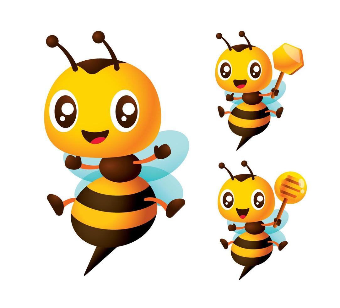 tecknad serie söt bi maskot uppsättning. Lycklig honung bi innehav honung dipper och vaxkaka tecken. karaktär vektor illustration