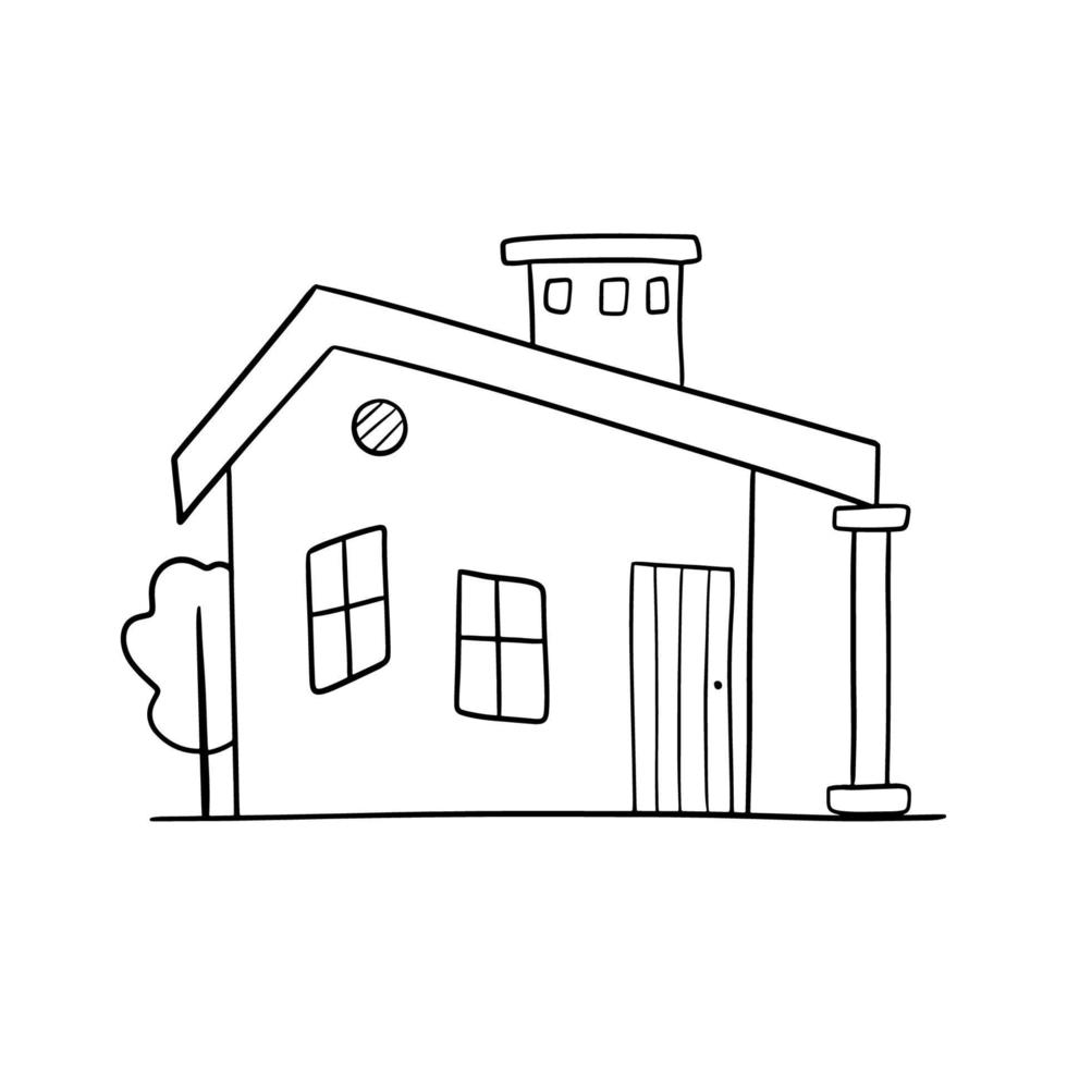 Hand gezeichnet Vektor Haus mit Schornstein. süß ländlich Gebäude isoliert auf Weiß. Gekritzel Illustration