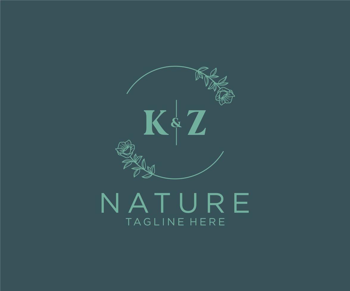 första kz brev botanisk feminin logotyp mall blommig, redigerbar förhandsgjord monoline logotyp lämplig, lyx feminin bröllop varumärke, företags. vektor