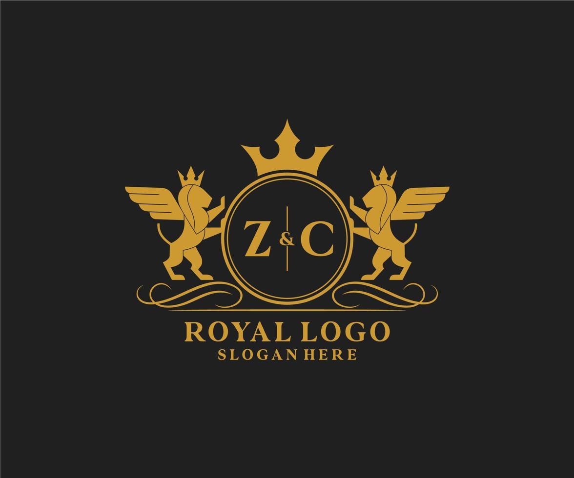 första zc brev lejon kunglig lyx heraldisk, vapen logotyp mall i vektor konst för restaurang, kungligheter, boutique, Kafé, hotell, heraldisk, Smycken, mode och Övrig vektor illustration.