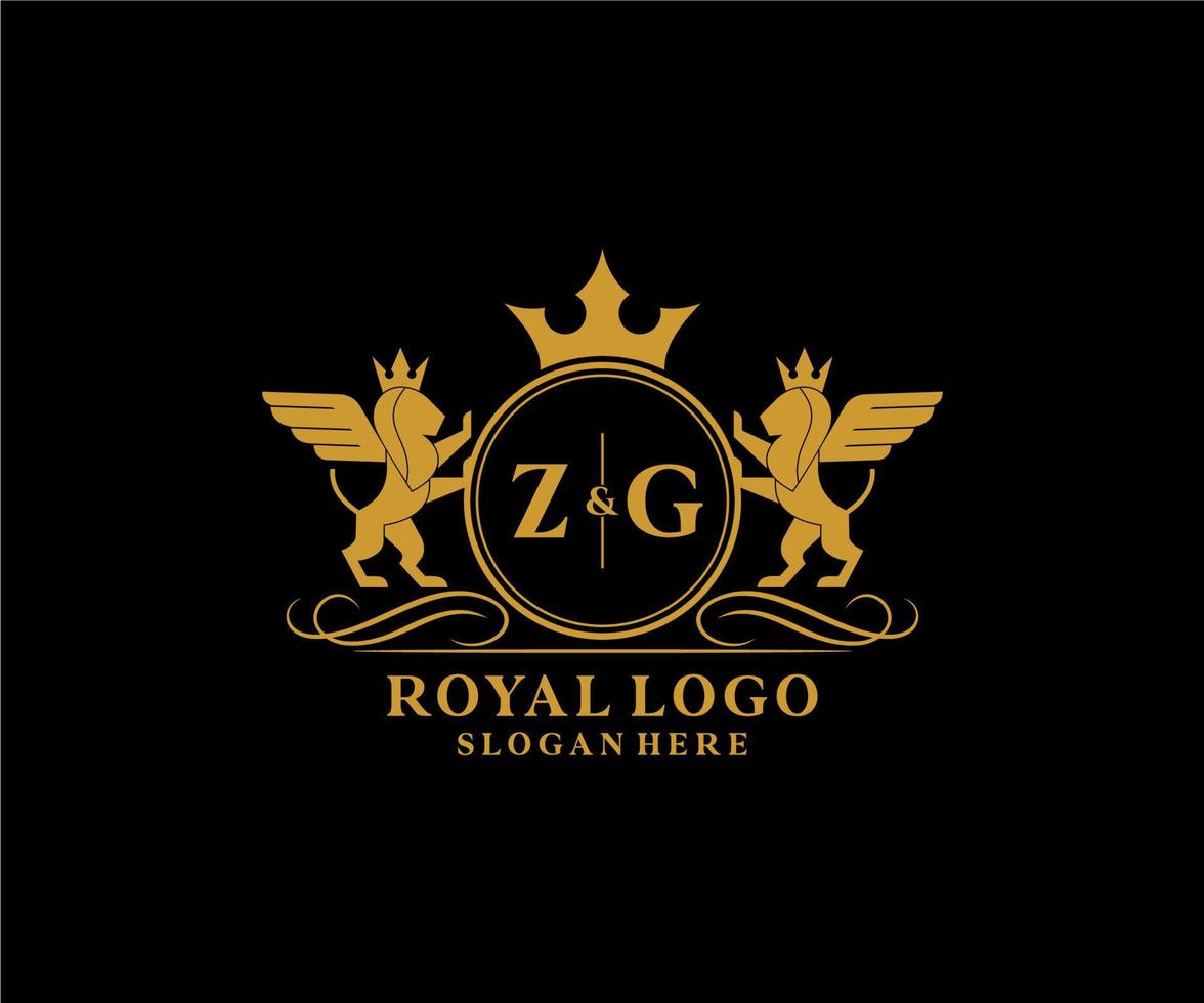 första zg brev lejon kunglig lyx heraldisk, vapen logotyp mall i vektor konst för restaurang, kungligheter, boutique, Kafé, hotell, heraldisk, Smycken, mode och Övrig vektor illustration.
