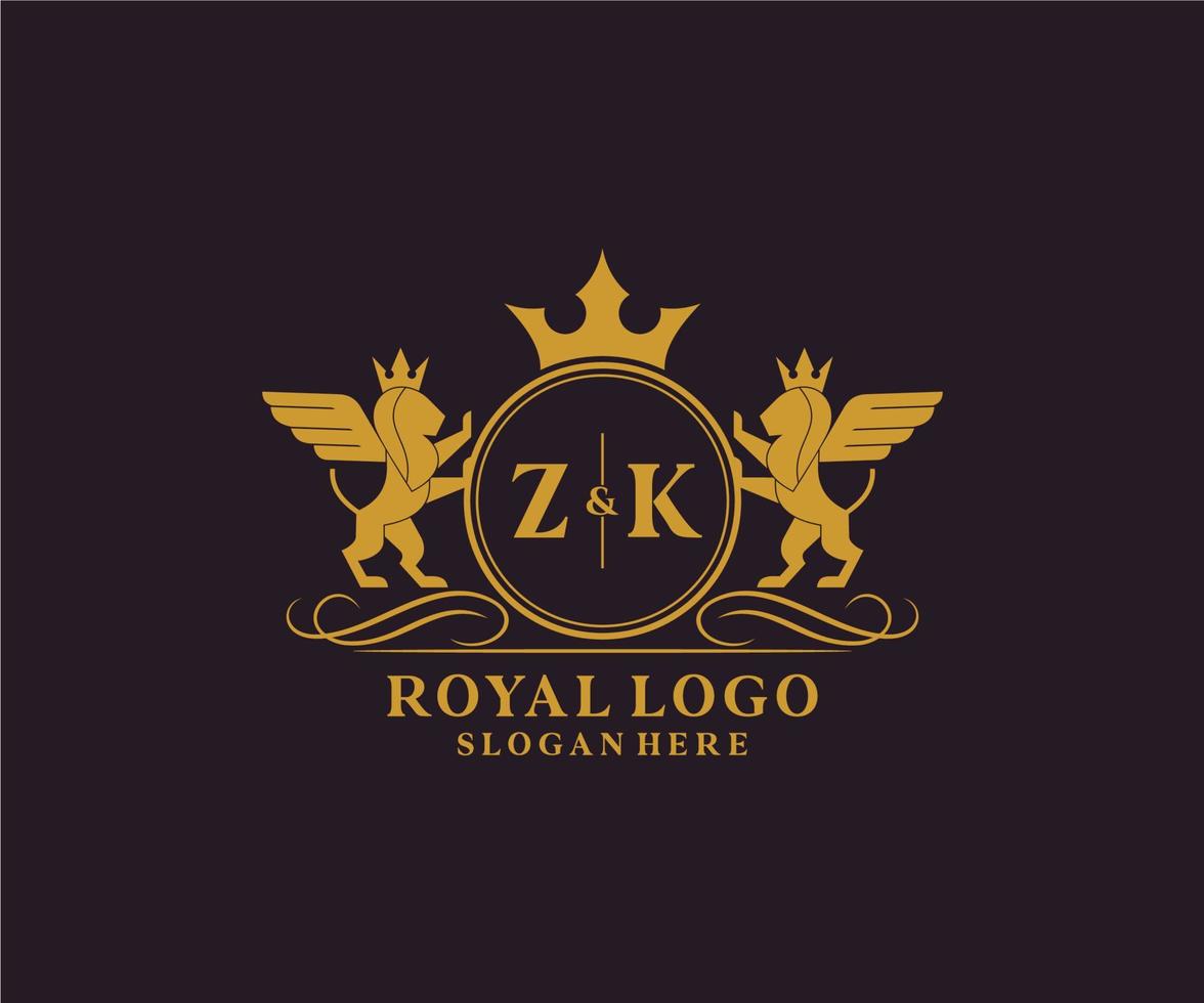 Initiale zk Brief Löwe königlich Luxus heraldisch, Wappen Logo Vorlage im Vektor Kunst zum Restaurant, Königtum, Boutique, Cafe, Hotel, heraldisch, Schmuck, Mode und andere Vektor Illustration.