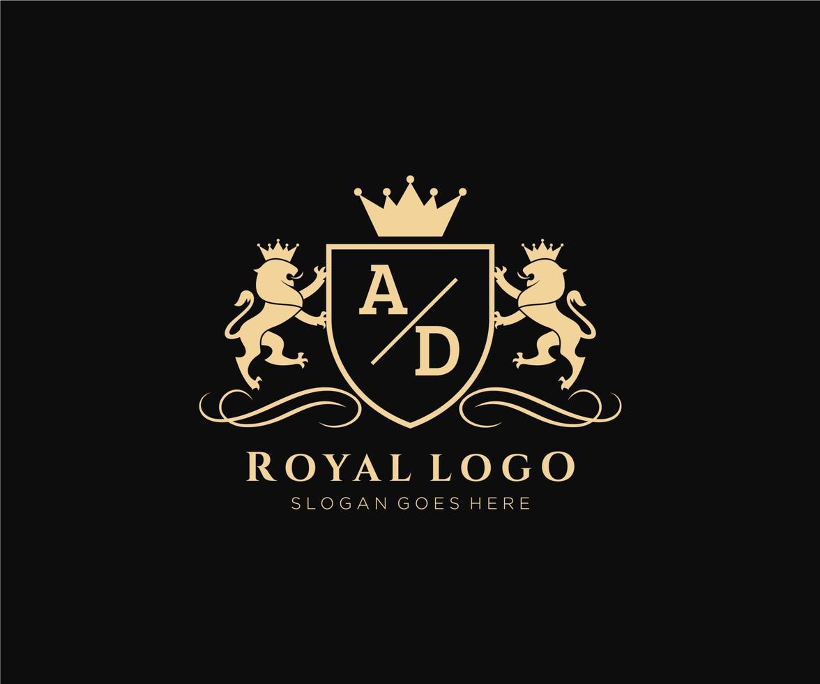 första ad brev lejon kunglig lyx heraldisk, vapen logotyp mall i vektor konst för restaurang, kungligheter, boutique, Kafé, hotell, heraldisk, Smycken, mode och Övrig vektor illustration.