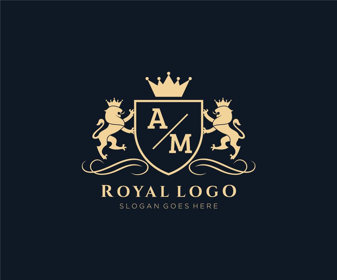 första am brev lejon kunglig lyx heraldisk, vapen logotyp mall i vektor konst för restaurang, kungligheter, boutique, Kafé, hotell, heraldisk, Smycken, mode och Övrig vektor illustration.