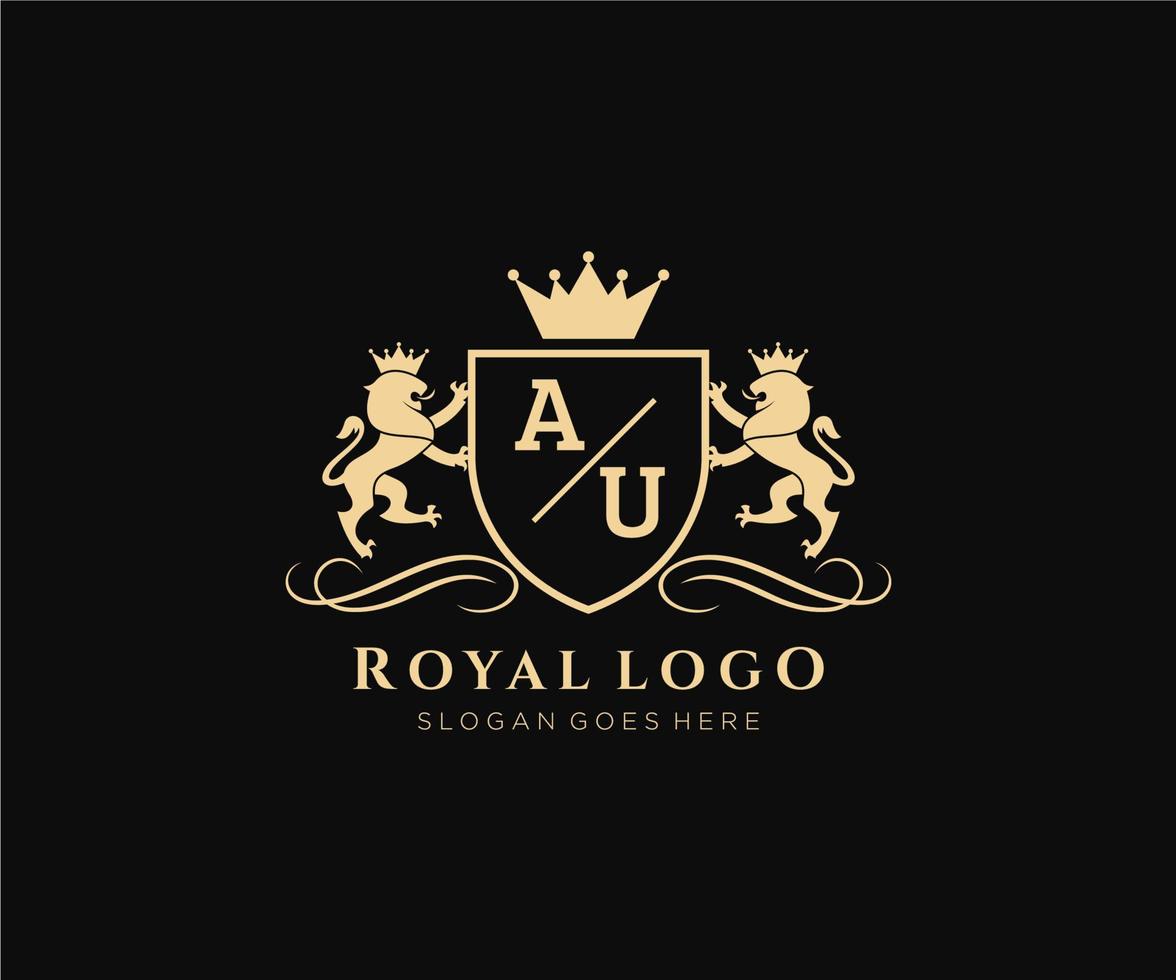 första au brev lejon kunglig lyx heraldisk, vapen logotyp mall i vektor konst för restaurang, kungligheter, boutique, Kafé, hotell, heraldisk, Smycken, mode och Övrig vektor illustration.