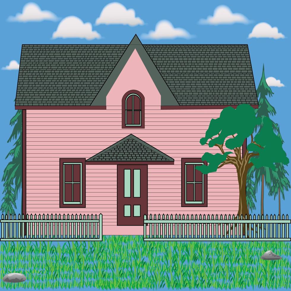hus med moln, träd och fäktning vektor