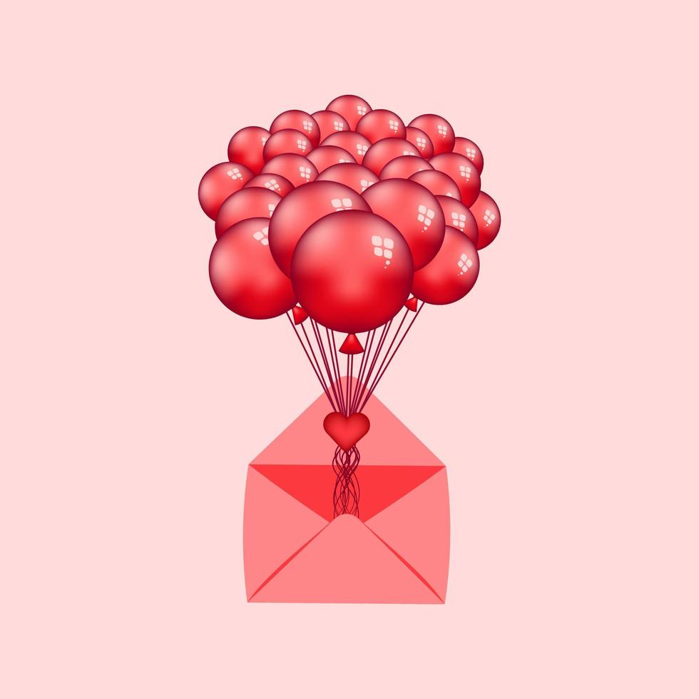 festlig knippa av röd flyga ballonger bunden med en hjärta vykort och kuvert på rosa bakgrund för valentines kort. vektor illustration