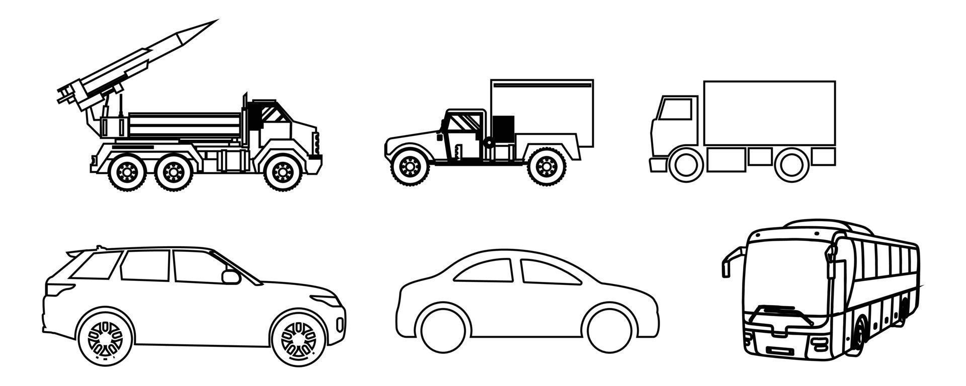 ut linje bil, lastbil, buss, vektor illustration