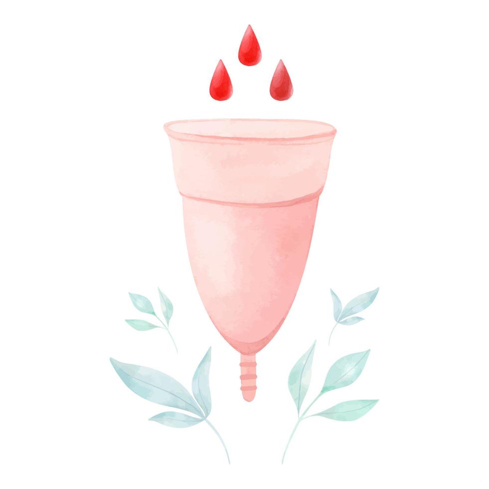 Silikon Menstruation- Tasse Rosa Farbe. Aquarell Illustration. Null Abfall Pflege. Frauen Zeug zum Zeitraum, Menstruation weiblich Hygiene Produkt vektor