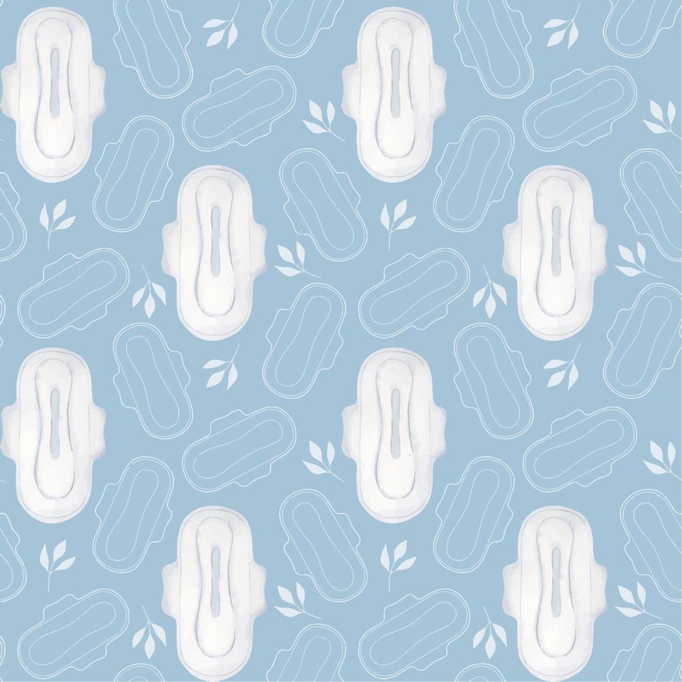 sömlös mönster av menstruations- dynor på en blå bakgrund. förpackning för kvinna intim hygien Produkter. personlig hygien produkt för kvinnor. vattenfärg illustration. vektor
