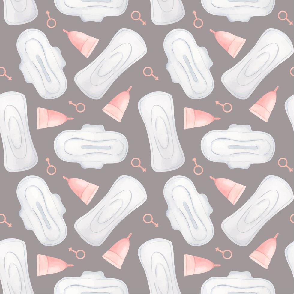 nahtlos Muster von Menstruation- Pads und Menstruation- Tasse auf ein grau Hintergrund. Verpackung zum weiblich intim Hygiene Produkte. persönlich Hygiene Produkt zum Frauen. Aquarell Illustration. vektor