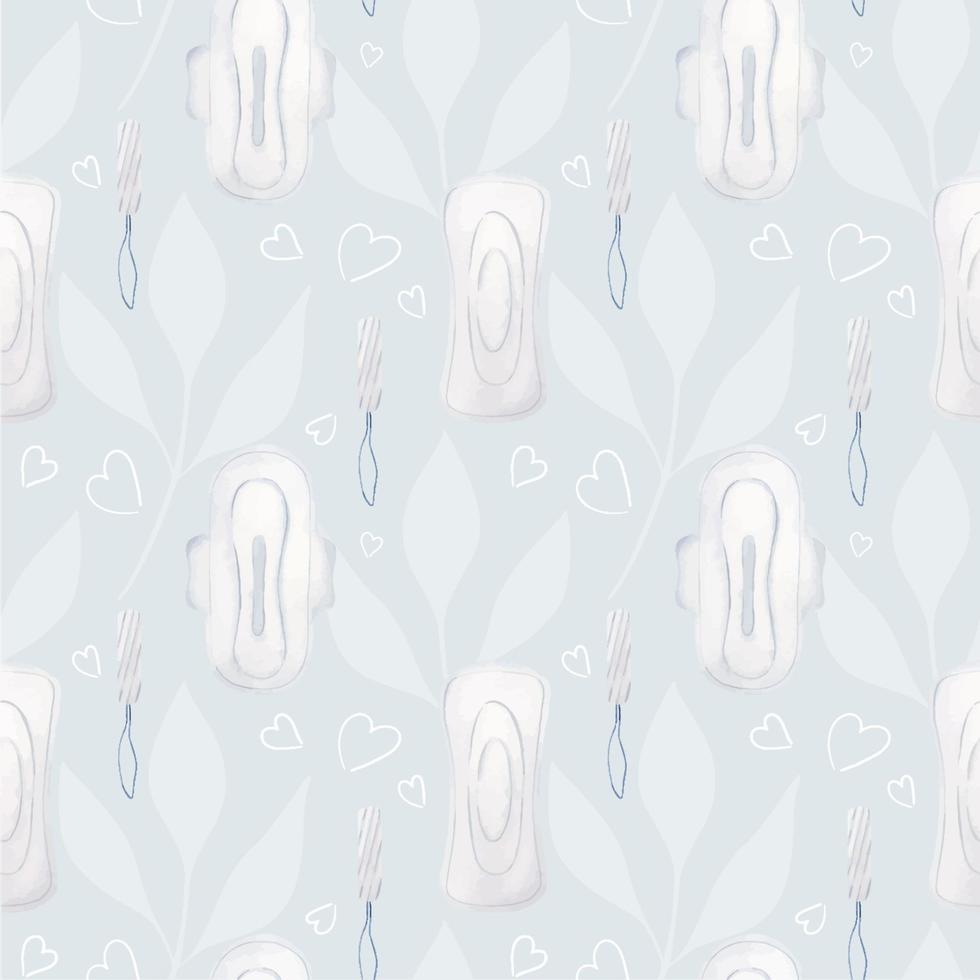 Aquarell nahtlos Muster von Menstruation- Pads, Tampons und Herzen auf ein Blau Hintergrund. Verpackung zum weiblich intim Hygiene Produkte. persönlich Hygiene Produkt zum Frauen. vektor