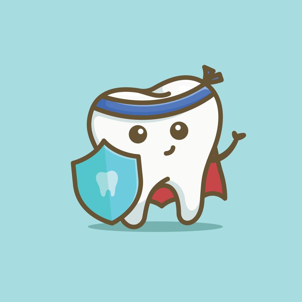 söt tecknad serie super hjälte tand med skydda karaktär vektor illustration hälsa tandläkare ikon