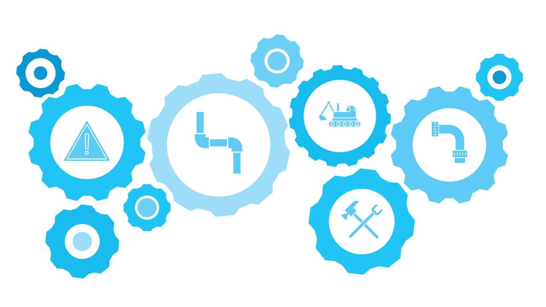 ansluten kugghjul och vektor ikoner för logistik, service, frakt, distribution, transport, marknadsföra, kommunicera begrepp. byggnad, konstruktion, industri, rör redskap blå ikon uppsättning på vit bakgrund